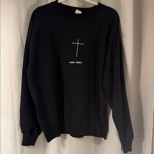 Hanes Black Crewneck Sweatshirt with White Cross & "GOOD NEWS." Print